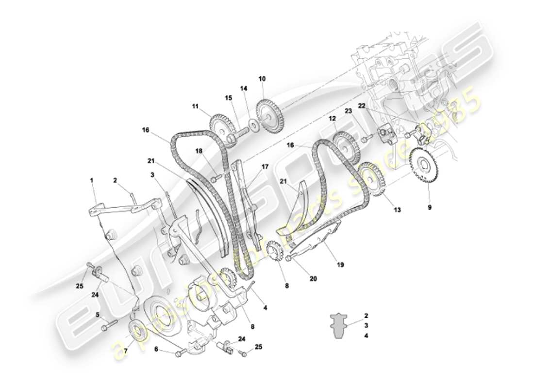 aston martin vanquish (2007) diagramma delle parti della copertura anteriore, delle catene e dei pignoni