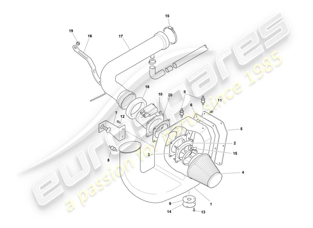 aston martin db7 vantage (2003) diagramma delle parti del filtro dell'aria e del sensore maf
