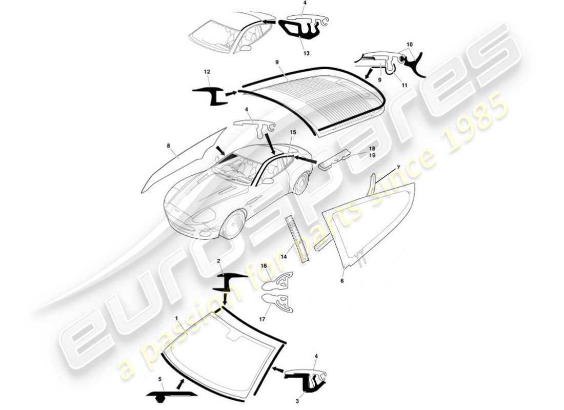 aston martin vanquish (2002) vetro e finiture diagramma delle parti