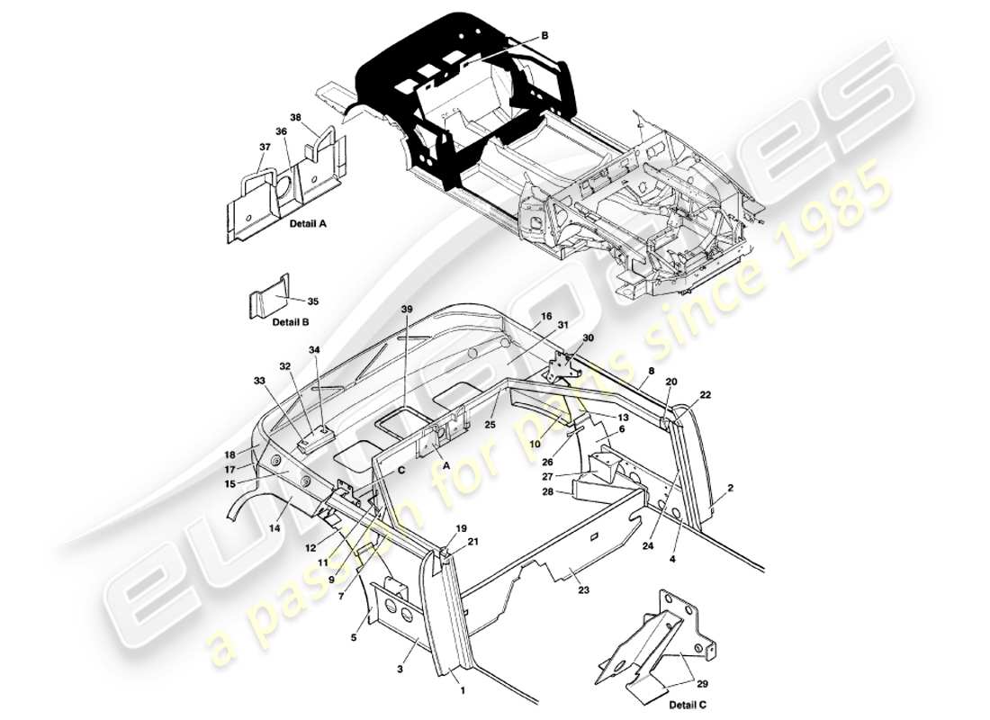 aston martin v8 volante (1999) struttura posteriore diagramma delle parti