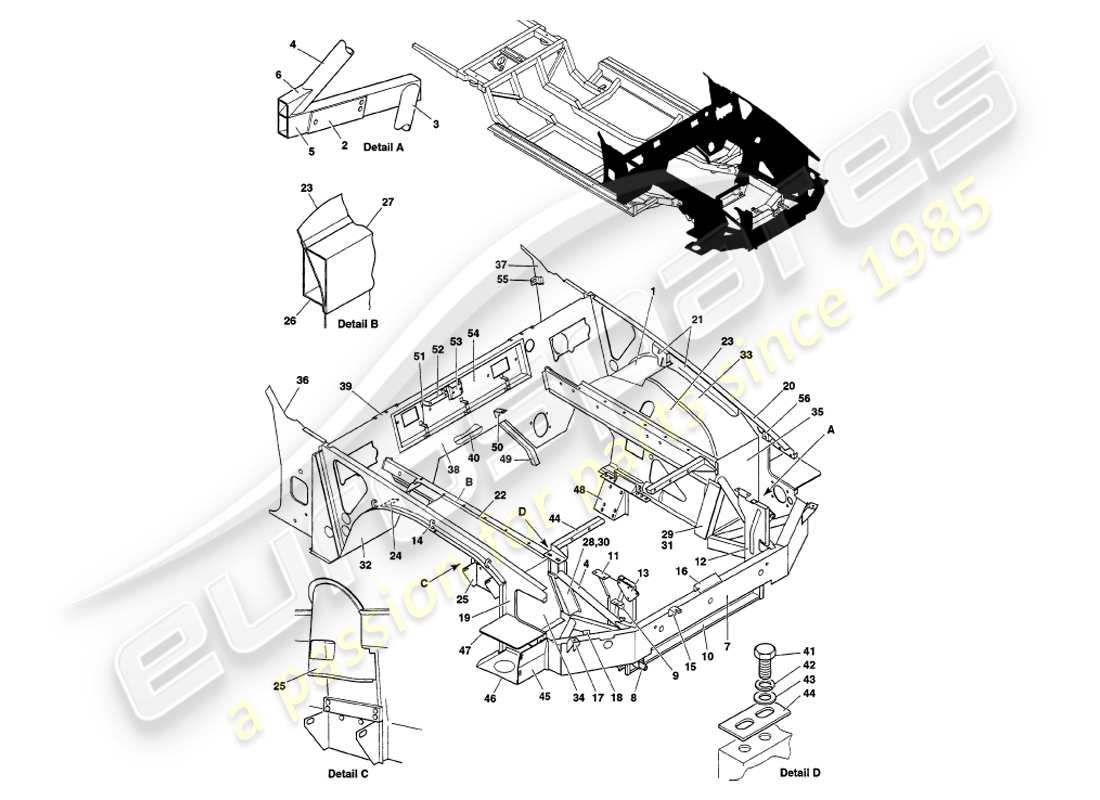 aston martin v8 volante (1999) struttura frontale diagramma delle parti