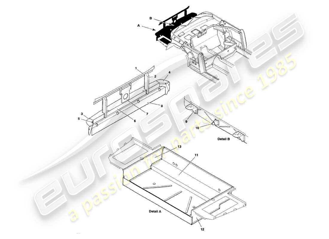 aston martin v8 volante (1999) schema delle parti della struttura posteriore, del paraurti e del bagagliaio
