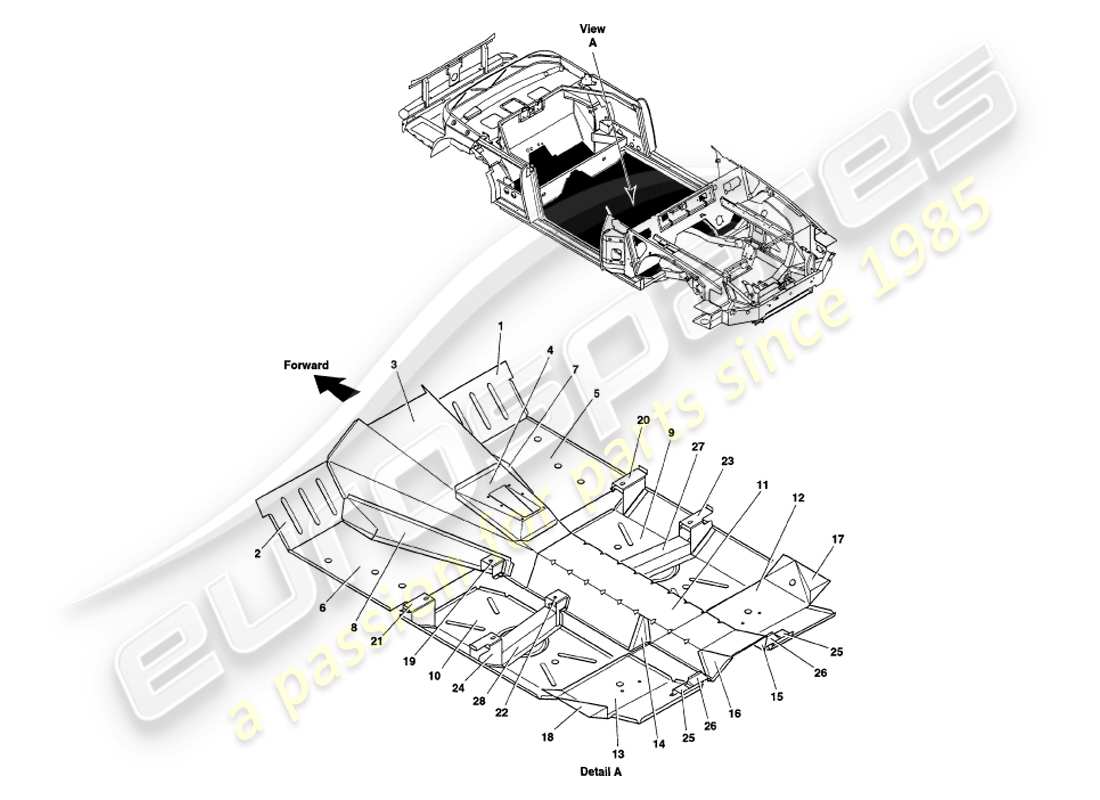 aston martin v8 volante (2000) pannelli del pavimento diagramma delle parti