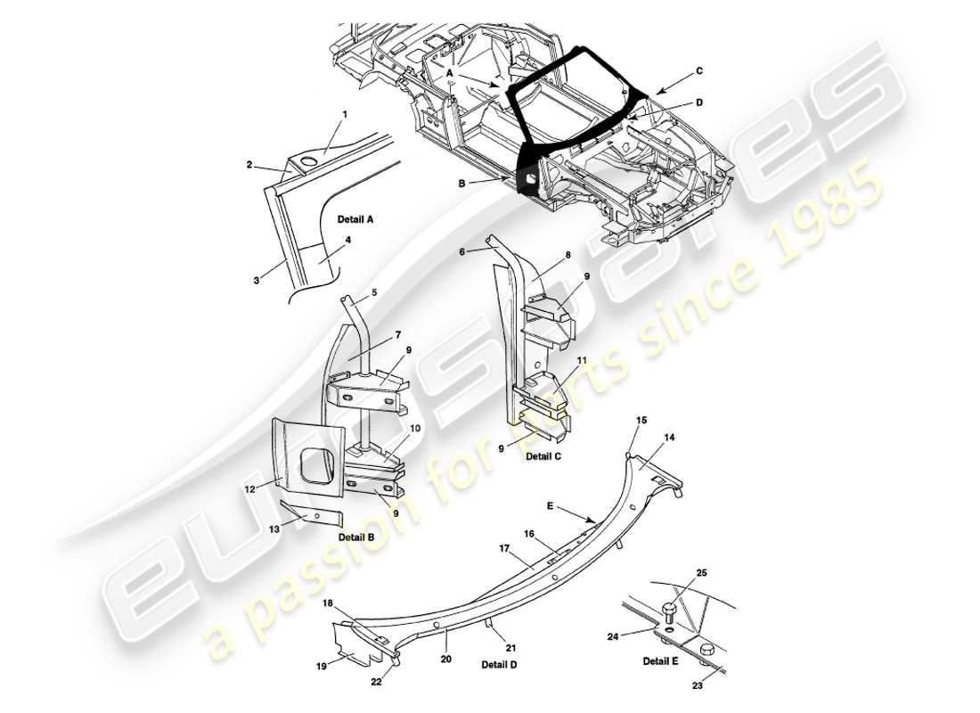 aston martin v8 volante (2000) sovrastruttura diagramma delle parti