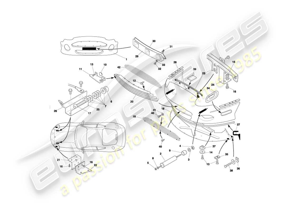 aston martin db7 vantage (1999) diagramma delle parti del paraurti anteriore e del grembiule