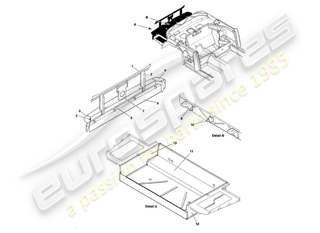 aston martin v8 volante (2000) schema delle parti della struttura posteriore, del paraurti e del bagagliaio
