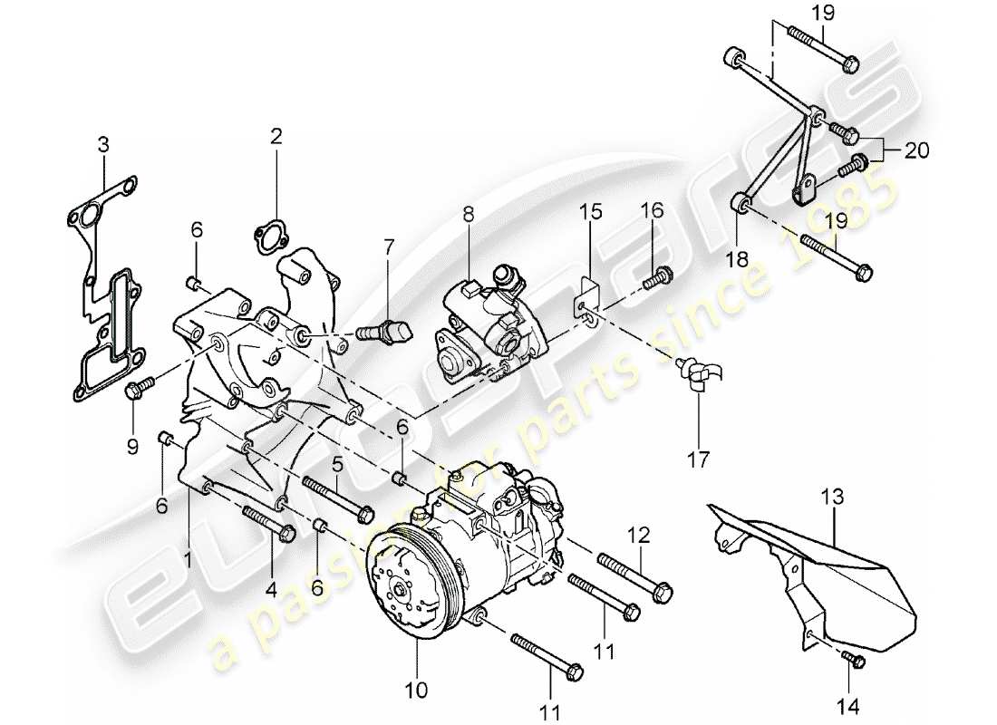 porsche 2005 (carrera gt) staffa - pompa del servosterzo - compressore - condizionatore d'aria schema parte
