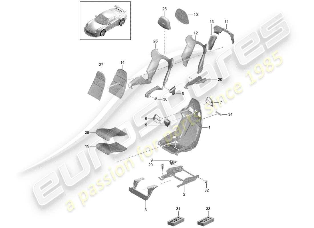 porsche 991r/gt3/rs (2020) diagramma delle parti del sedile