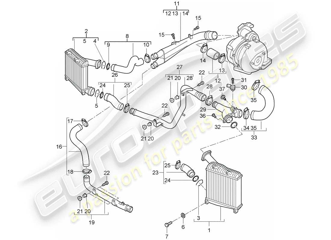 porsche 2008 (cayenne e1 9pa) raffreddatore dell'aria di carica diagramma delle parti