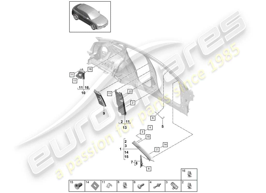 porsche 2018 (cayenne e3 9ya/9yb) rivestimento pilastro diagramma delle parti