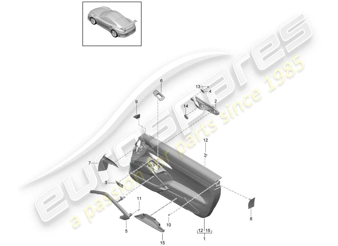 porsche 2015 (991-1 r/gt3/rs) schema delle parti del pannello della porta