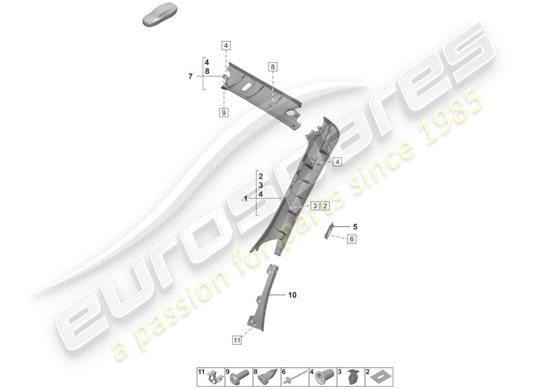 porsche 2019 (992-1) rivestimento, pilastro a diagramma delle parti