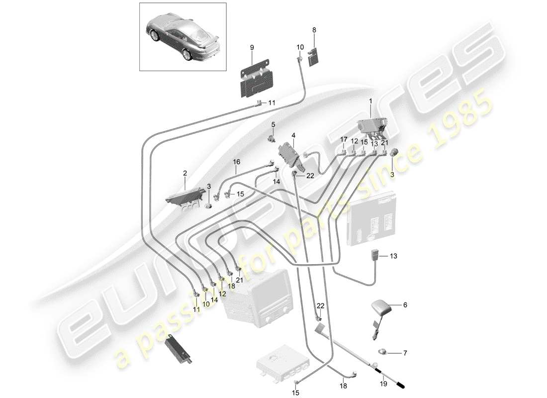 porsche 2020 (991-2 r/gt3/rs) diagramma delle parti del ripetitore d'antenna