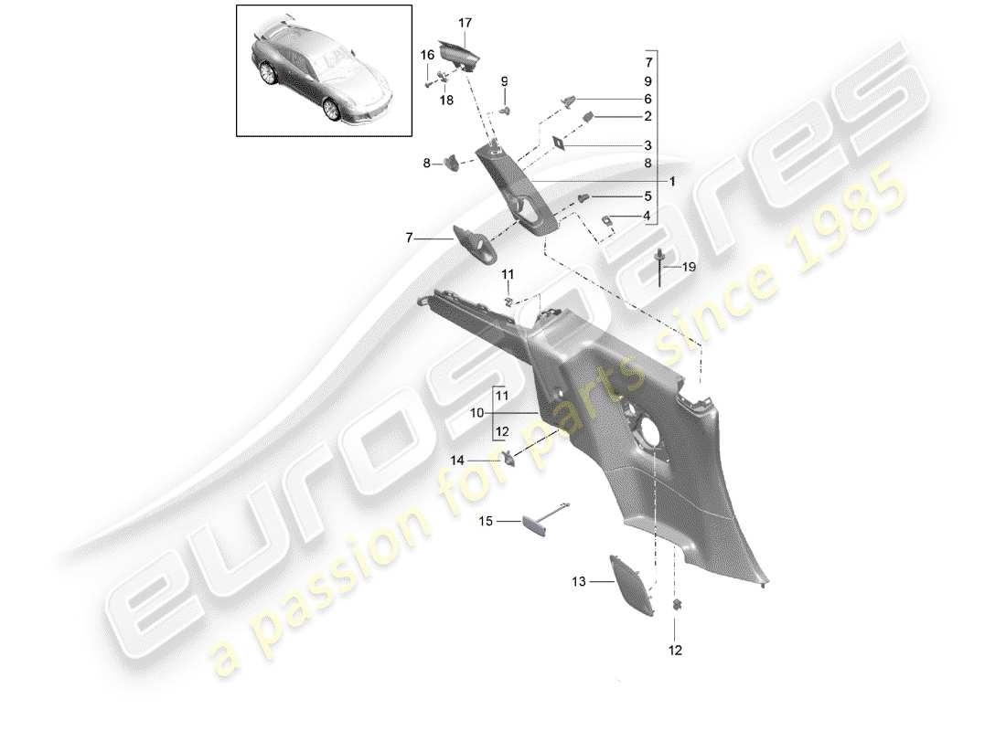 porsche 2014 (991-1 r/gt3/rs) pannello di rivestimento laterale diagramma delle parti