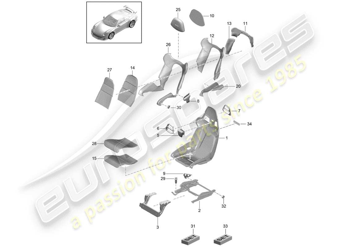 porsche 2015 (991-1 r/gt3/rs) diagramma delle parti del sedile