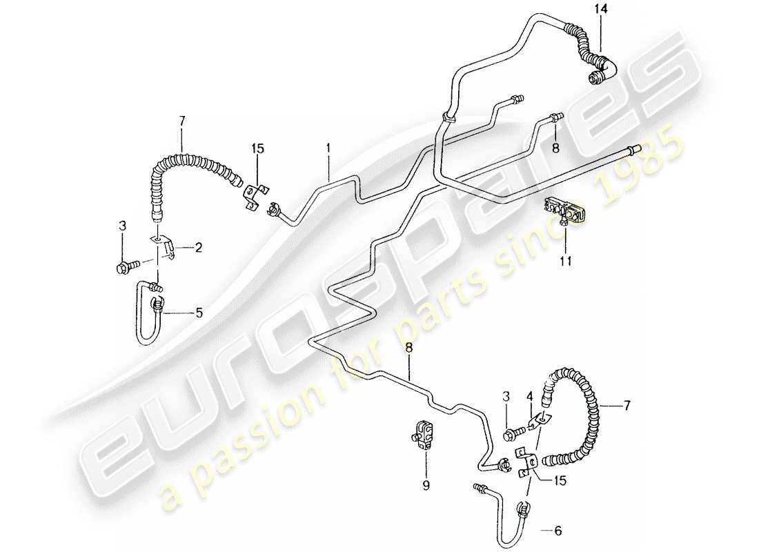 porsche 2001 (996) linea freno - sottoscocca - assale posteriore - linea di depressione schema delle parti