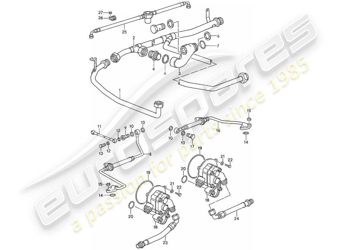 porsche 1987 (959) lubrificazione motore - pompa olio - turbocompressore gas di scarico schema delle parti