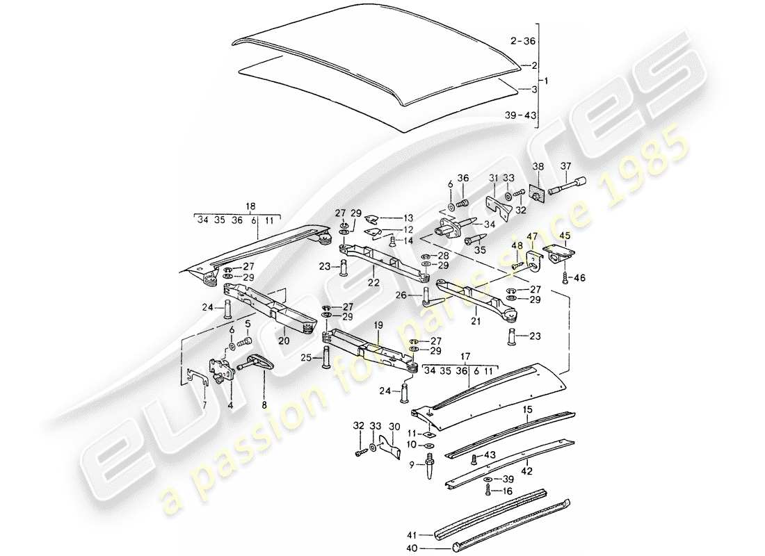 porsche 1993 (964) copertura soffice diagramma delle parti
