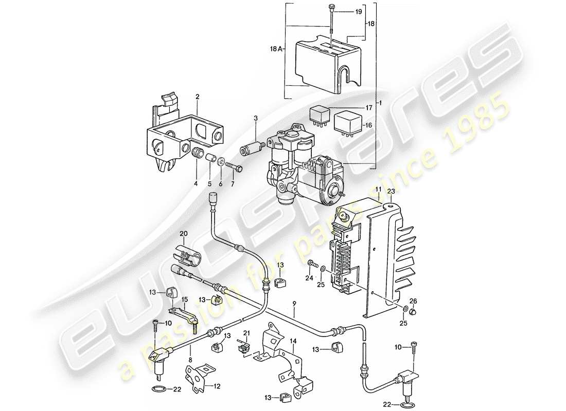 porsche 1990 (928) gruppo idraulico - sensore di velocità - modulo di controllo elettronico - impianto frenante antibloccaggio. -abs- schema delle parti