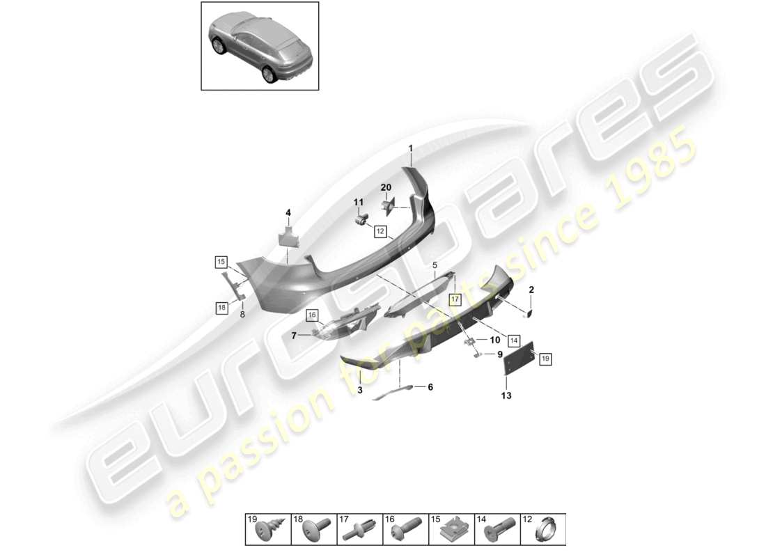 porsche 2020 (macan) paraurti posteriore d - mj 2022>>base diagramma delle parti
