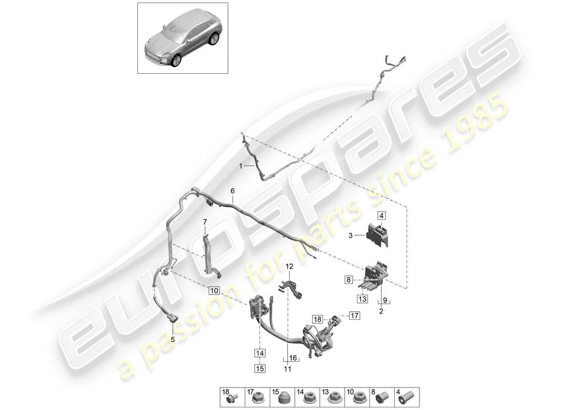 porsche 2019 (macan) cablaggio per batteria + diagramma delle parti