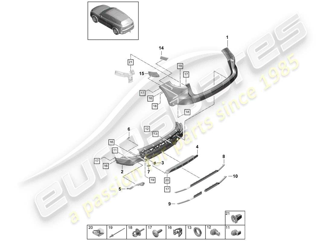 porsche 2020 (cayenne e3 9ya/9yb) diagramma delle parti del paraurti