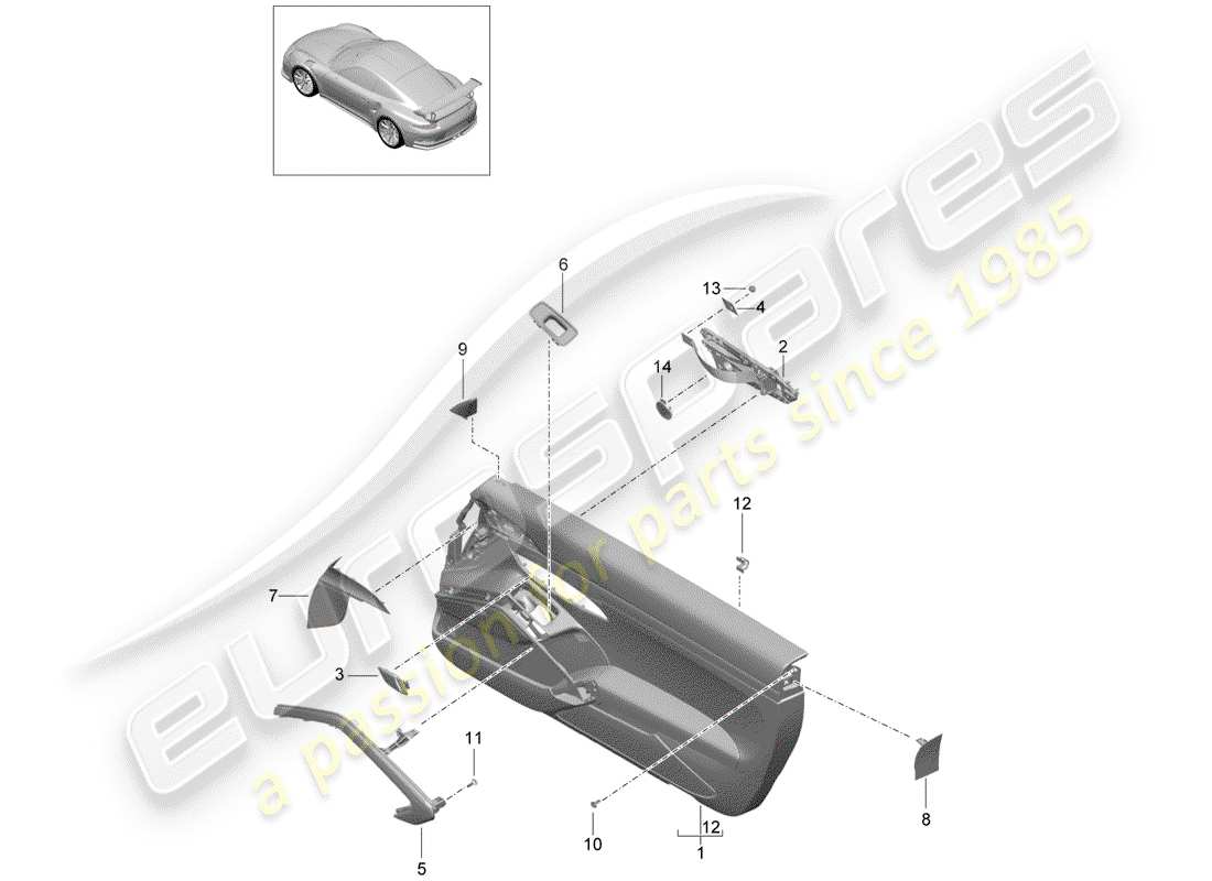 porsche 2019 (991-2 r/gt3/rs) pannello della porta diagramma delle parti