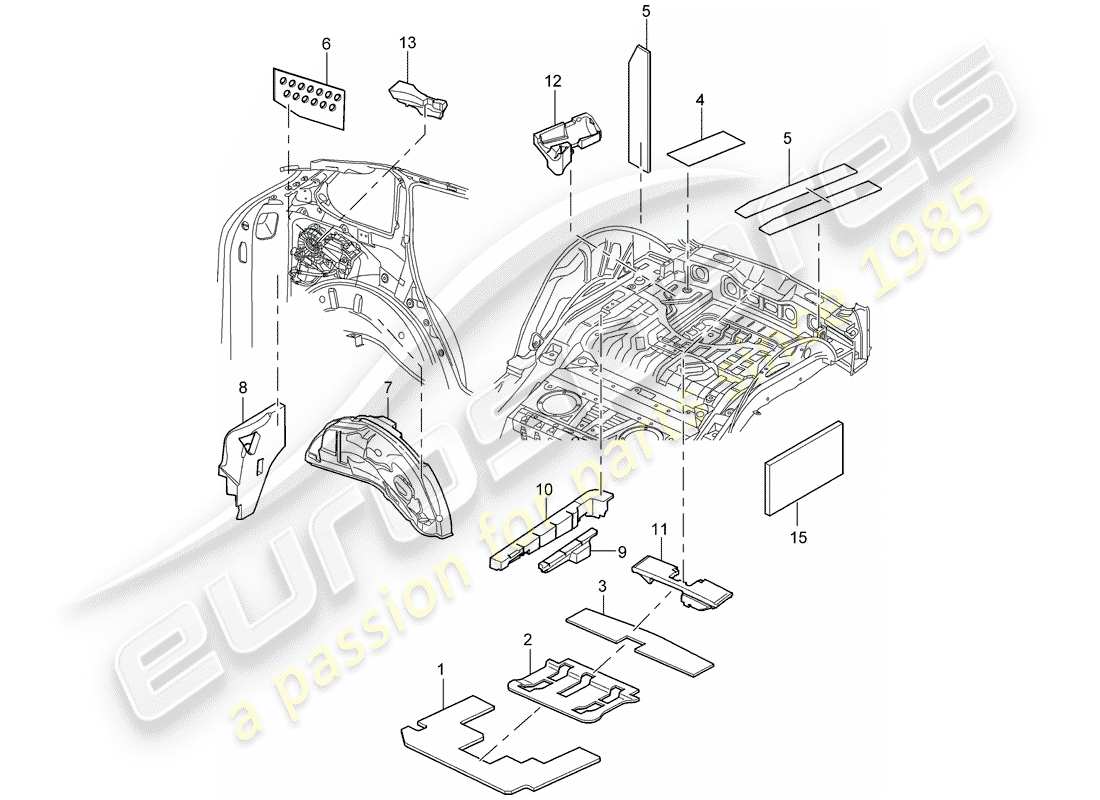 porsche 2005 (cayenne e1 9pa) schema delle parti dell'assorbimento acustico