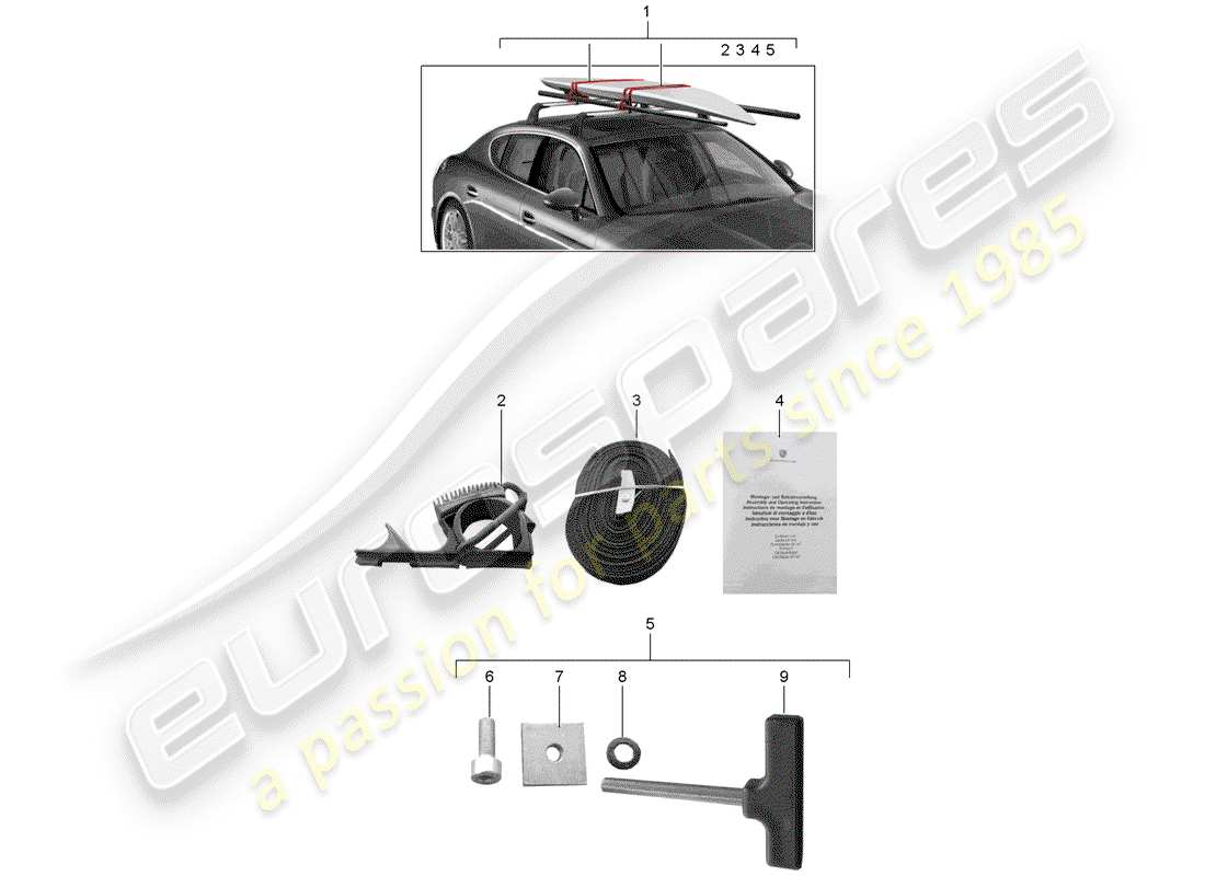 porsche 2012 (tequipment panamera) porta tavole da surf diagramma delle parti