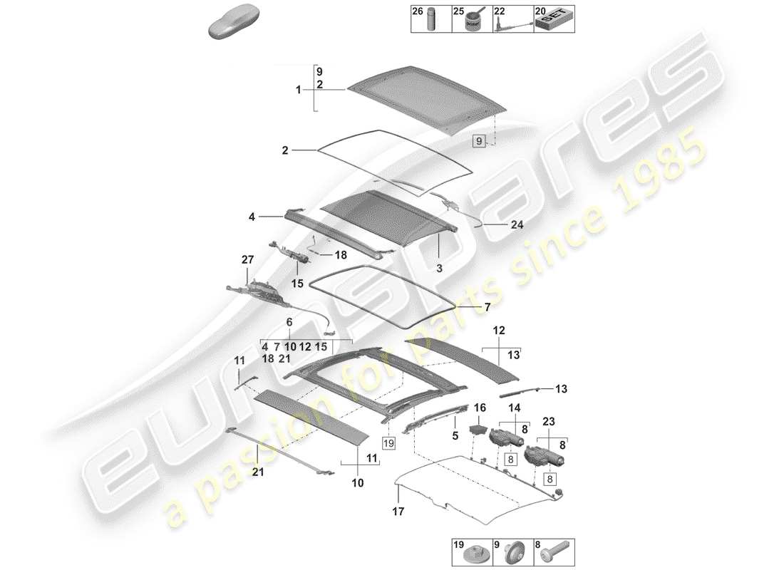 porsche 2019 (992-1) tetto apribile in vetro diagramma delle parti