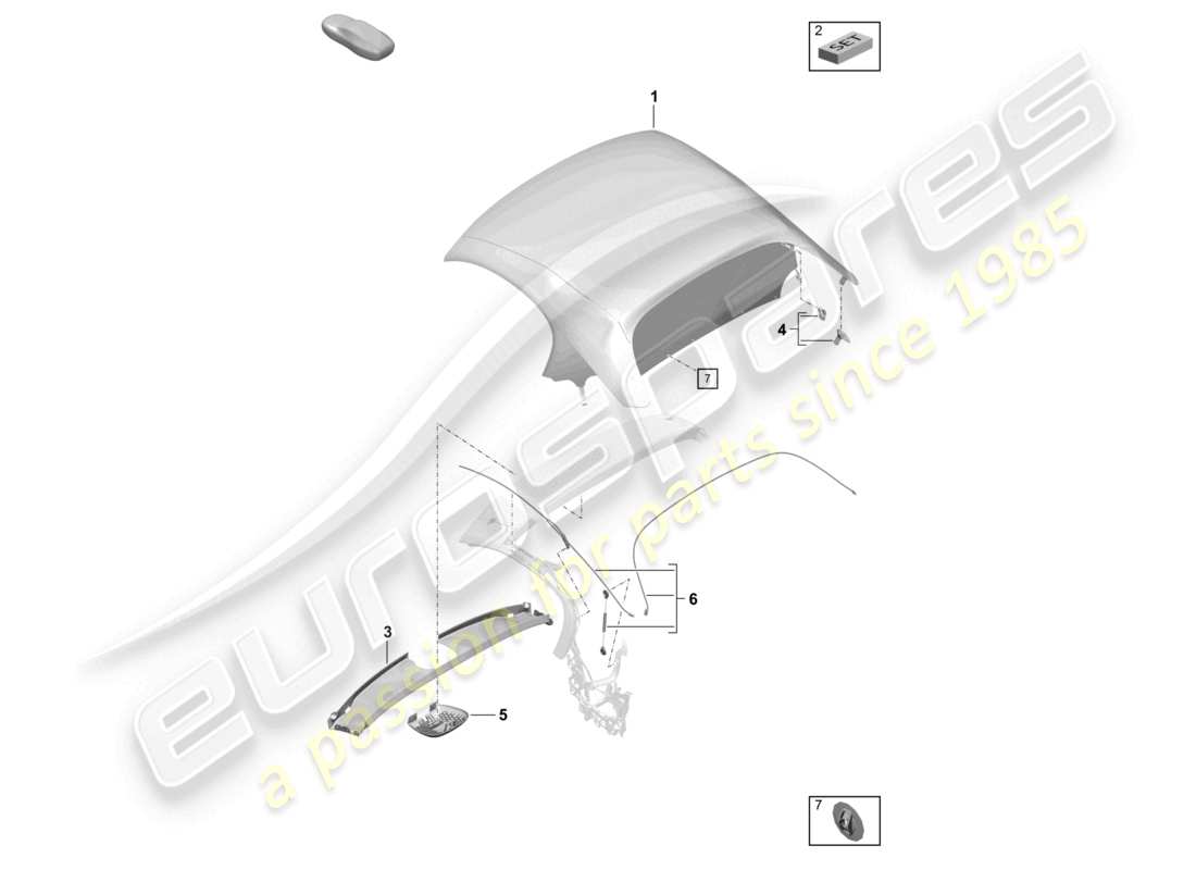 porsche 2020 (718 boxster) copertura - parte superiore rivestimento del padiglione modellato diagramma delle parti