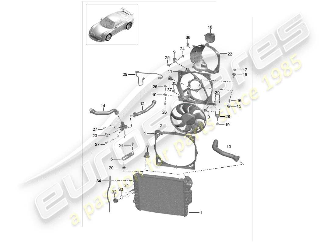 porsche 2019 (991-2 r/gt3/rs) diagramma delle parti del raffreddamento ad acqua