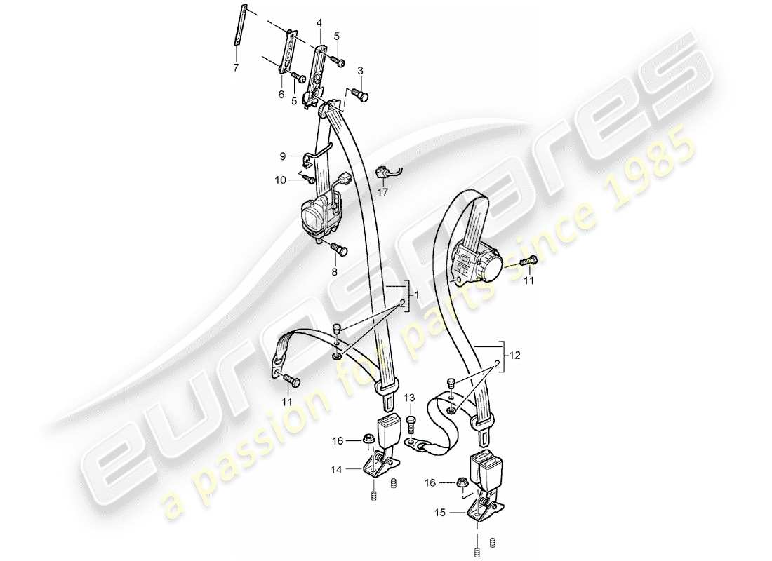 porsche 2003 (cayenne e1 9pa) cintura di sicurezza a tre punti diagramma delle parti