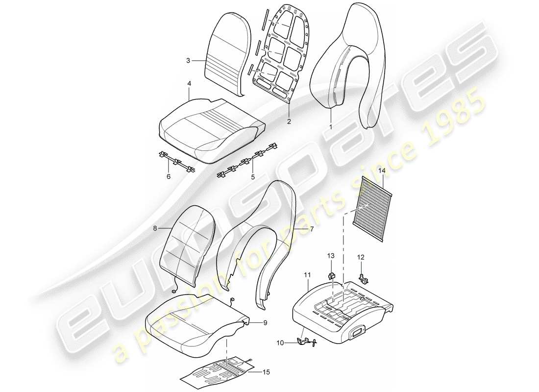 porsche 2003 (996 turbo / gt2) rivestimento - parte in schiuma - sedile sportivo schema delle parti