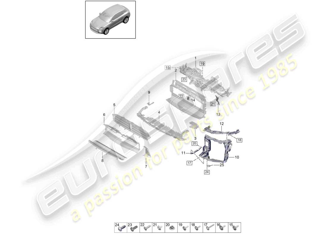 porsche 2020 (macan) supporto r4 tfsi radiatore per refrigerante guida aria e supporto di bloccaggio diagramma delle parti