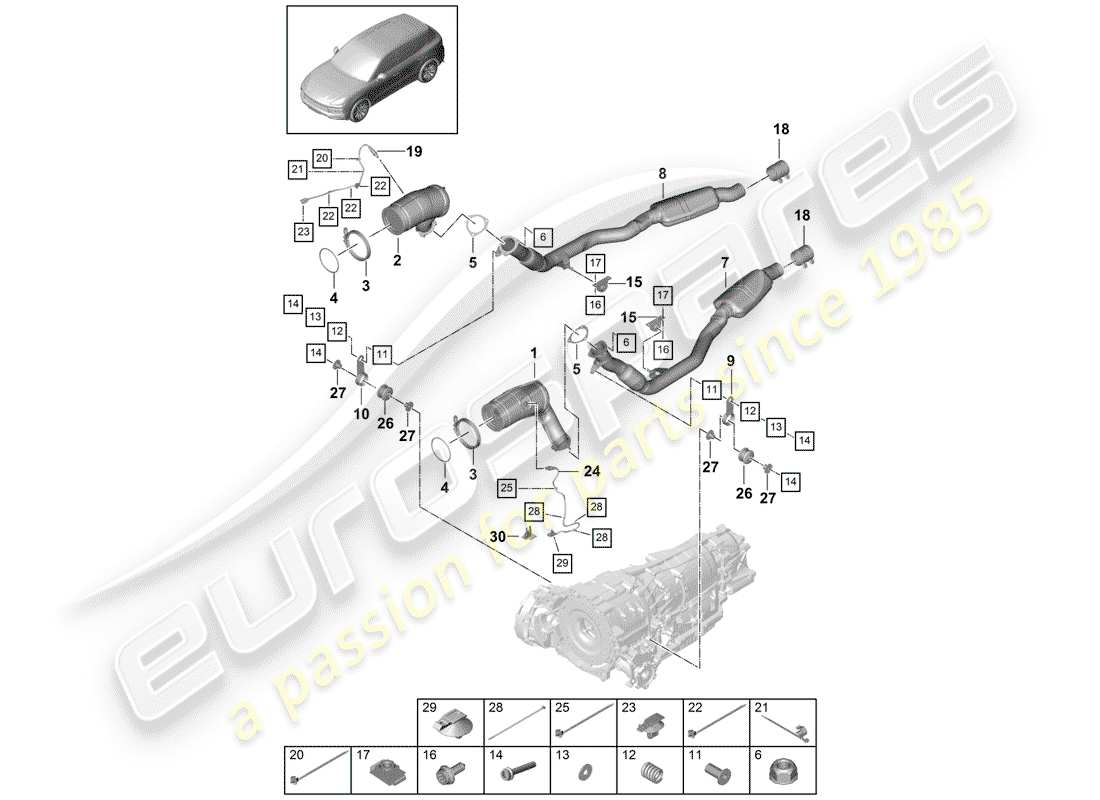 porsche 2019 (cayenne e3 9ya/9yb) diagramma delle parti del sistema di scarico