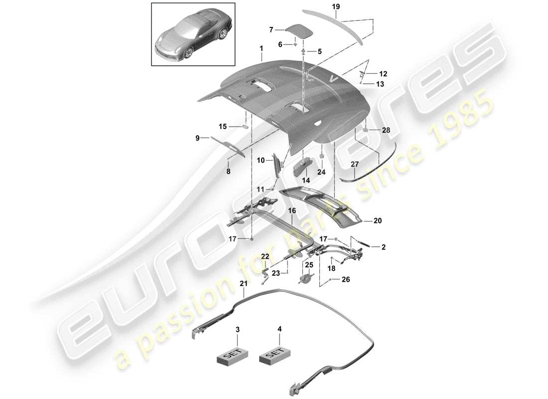 porsche 2015 (991-1 r/gt3/rs) copertura per cassetto portaoggetti superiore schema delle parti