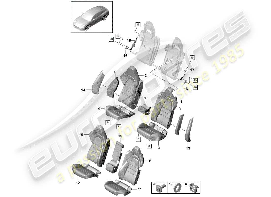 porsche 2018 (panamera 971-1) diagramma delle parti del sedile