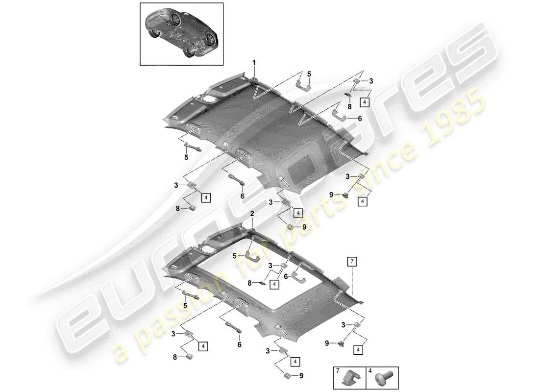 porsche 2018 (cayenne e3 9ya/9yb) pannello di rivestimento del tetto diagramma delle parti