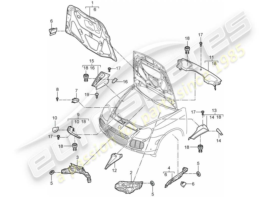 porsche 2004 (cayenne e1 9pa) schema delle parti dell'assorbimento acustico