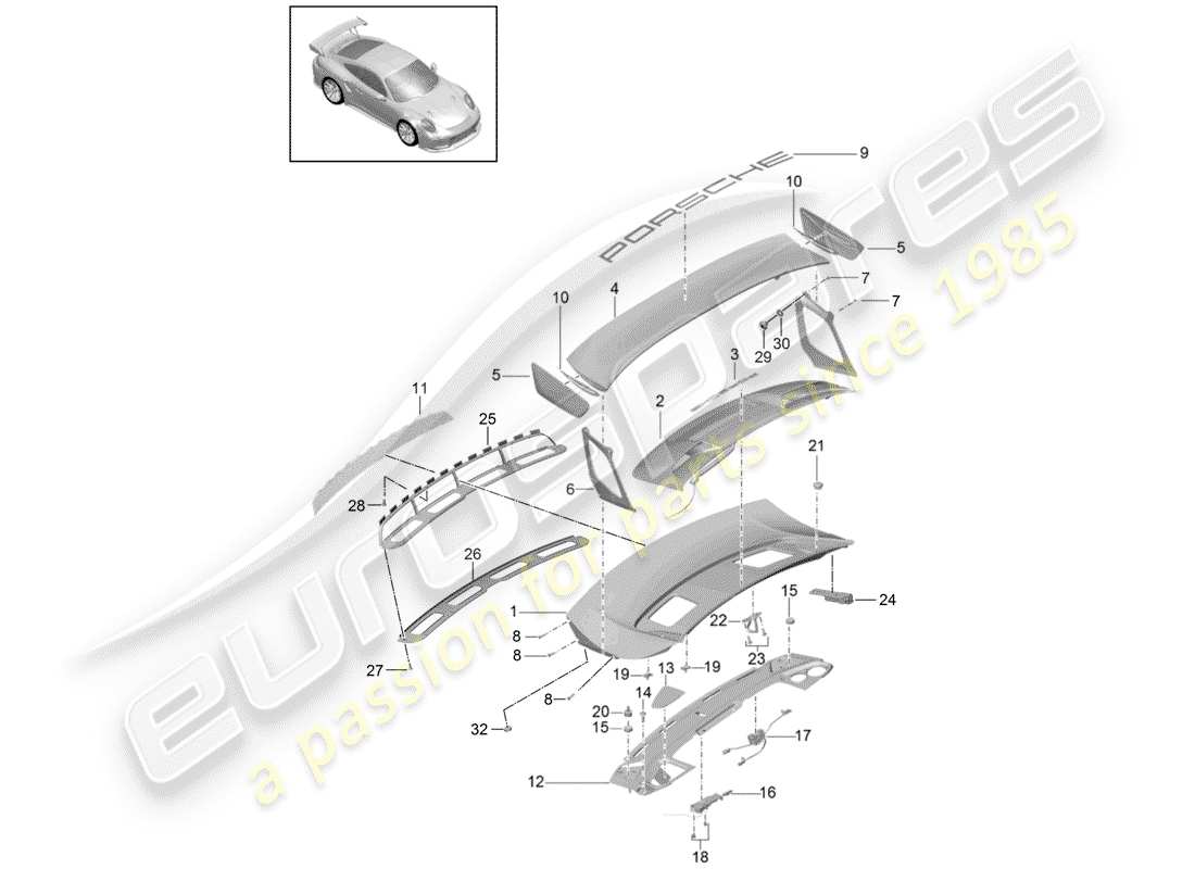 porsche 991 turbo (2015) coperchio baule posteriore diagramma delle parti