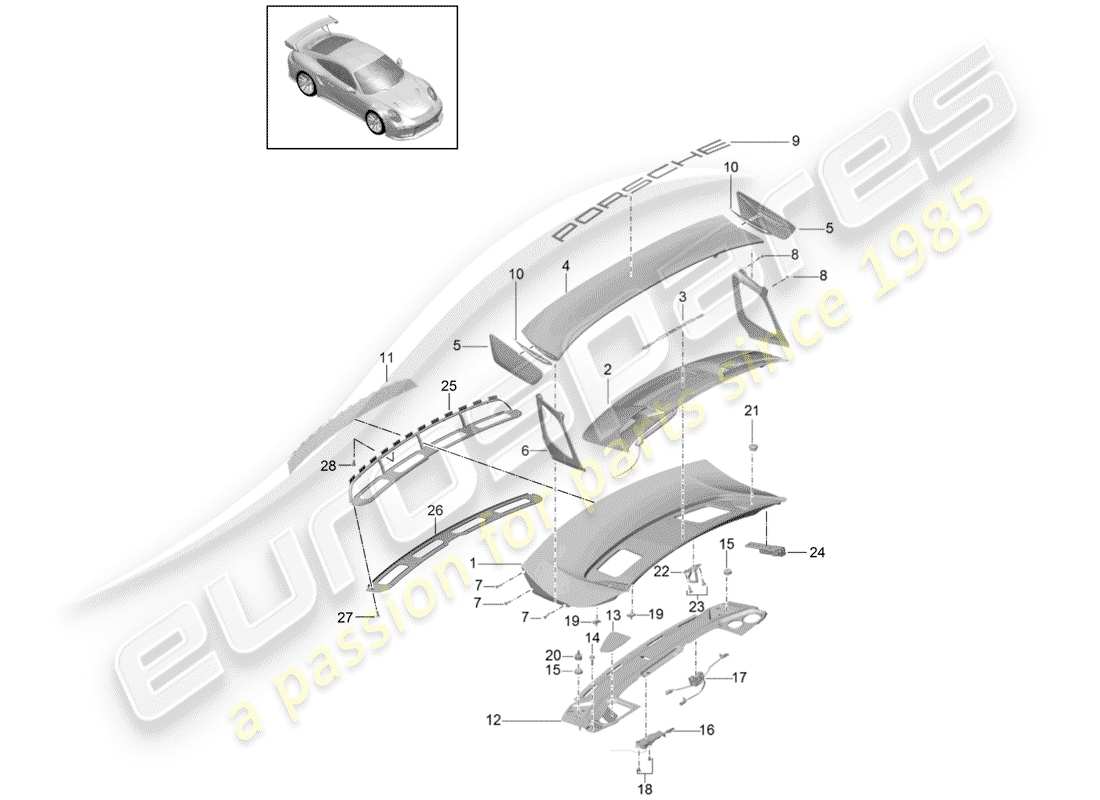 porsche 2016 (991-1 turbo) schema delle parti del coperchio del baule posteriore
