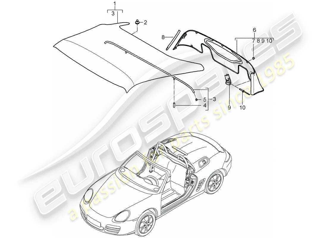 porsche 2010 (987 boxster) copertura della capote diagramma delle parti