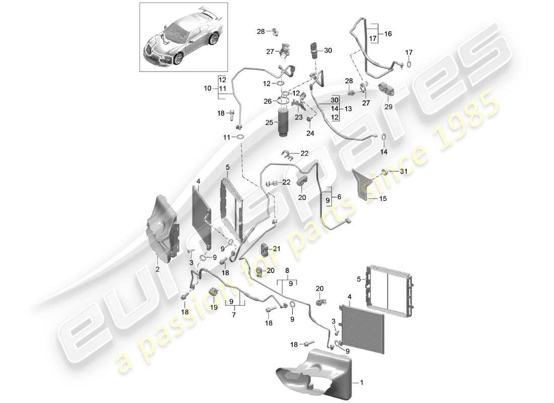 porsche 2019 (991-2 r/gt3/rs) circuito frigorifero diagramma delle parti