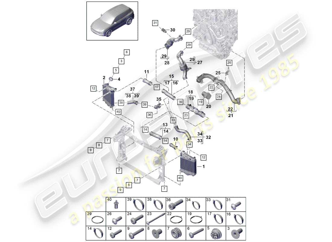 porsche 2018 (cayenne e3 9ya/9yb) raffreddatore dell'aria di carica diagramma delle parti