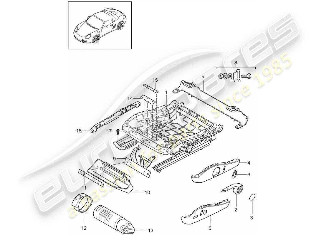 porsche 2009 (987 boxster) schema delle parti telaio del sedile