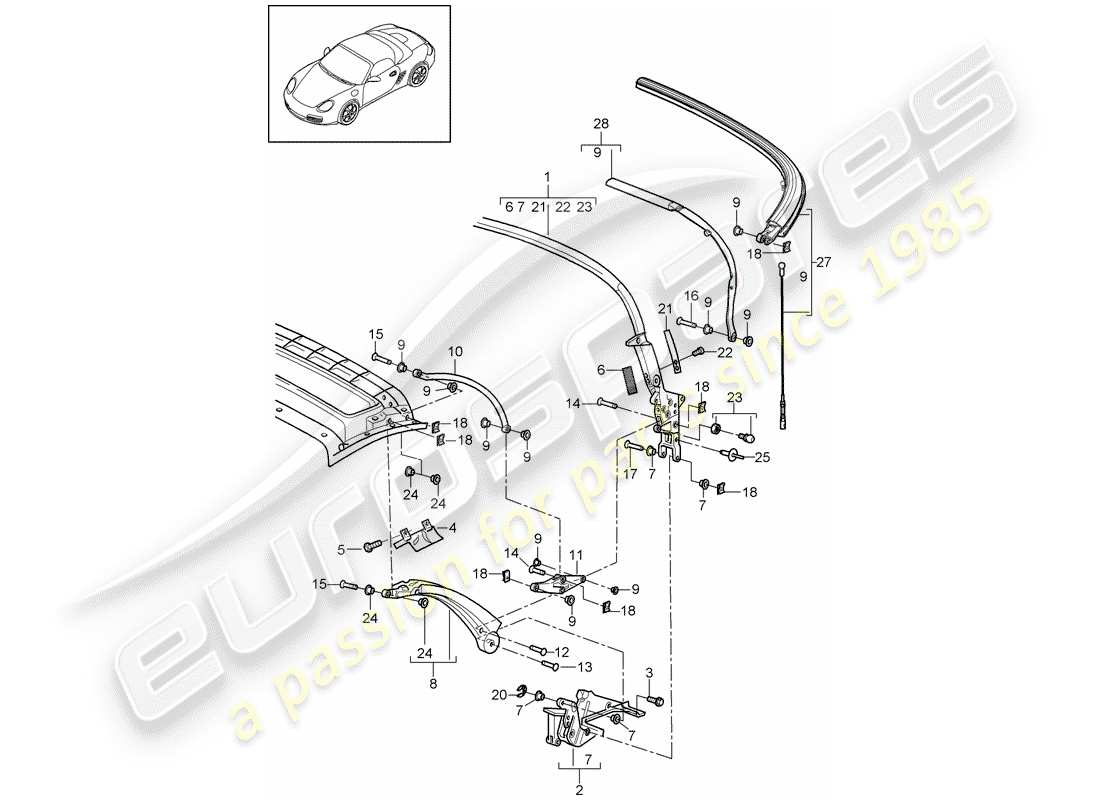 porsche 2012 (987 boxster) diagramma delle parti del telaio superiore