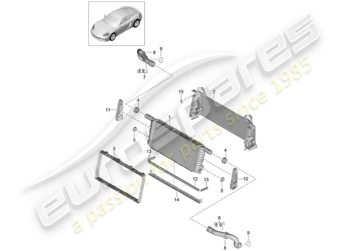 porsche 2020 (718 cayman) diagramma delle parti del radiatore