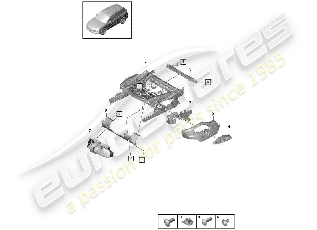porsche 2020 (cayenne e3 9ya/9yb) schema delle parti telaio del sedile