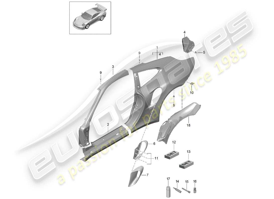 porsche 2016 (991-1 turbo) pannello laterale schema delle parti